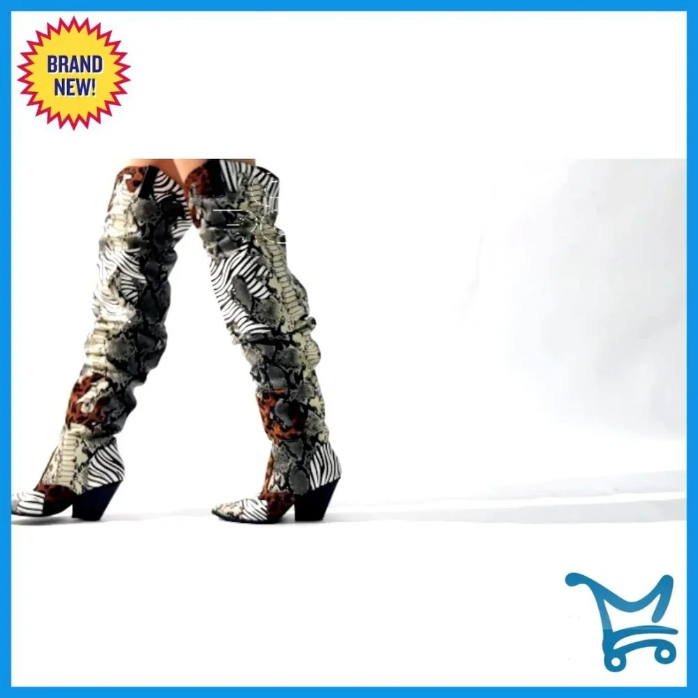 Thigh High Cowboy Boots with Chunky Heel, Slip Resistant, Faux Snakeskin